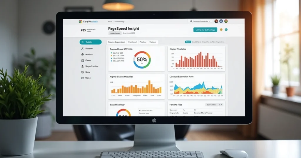 Computador exibindo relatórios detalhados do PageSpeed Insights com gráficos de métricas e indicadores de performance