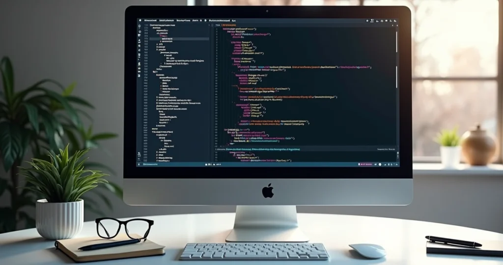 Tela de computador exibindo códigos CSS3 modernos com gráficos de layout responsivo e elementos visuais de design digital