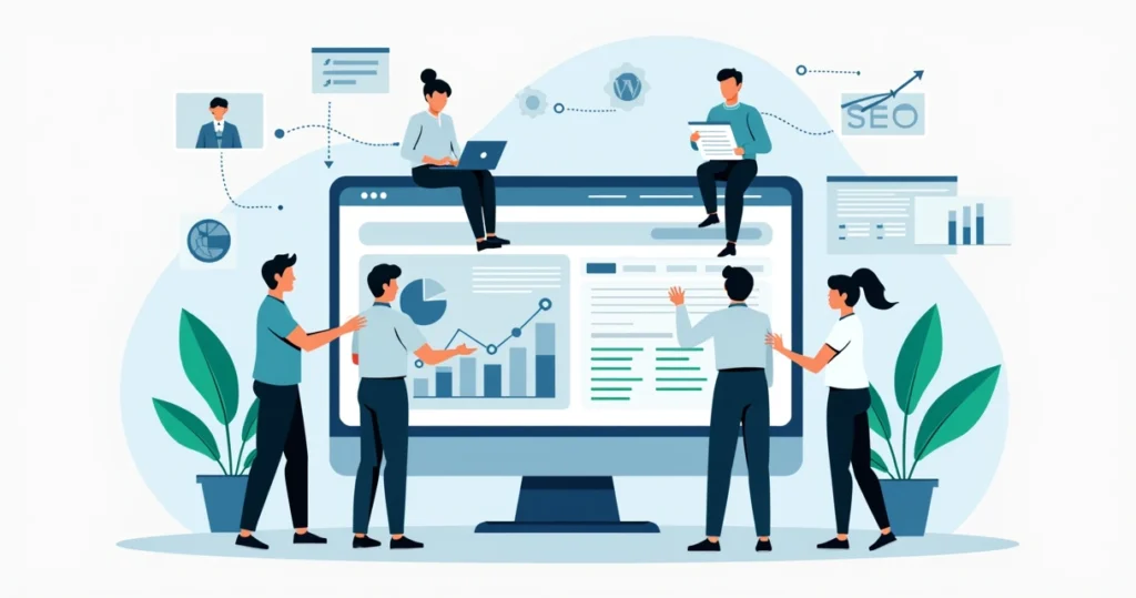 Ilustração corporativa de equipe trabalhando na criação de site com design responsivo e elementos de SEO técnico