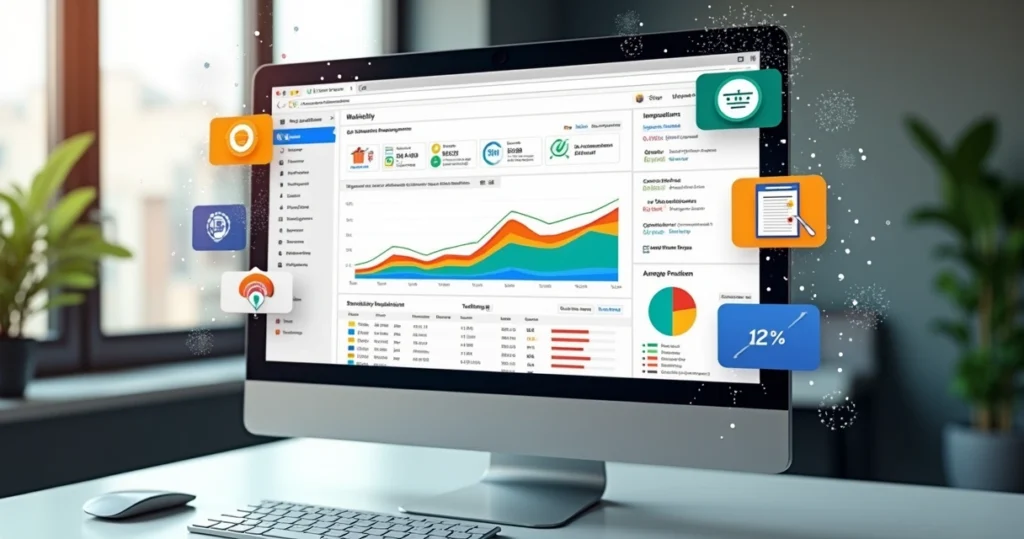 Tela detalhada do painel do Google Search Console mostrando gráficos de desempenho e métricas SEO