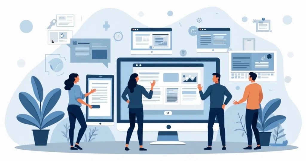 Ilustração corporativa de profissionais trabalhando no desenvolvimento de site institucional moderno e eficiente, com telas e códigos ao redor