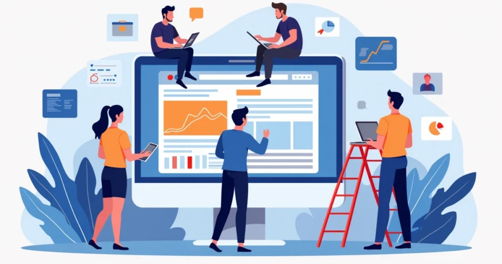 Ilustração corporativa flat de profissionais desenvolvendo um website com elementos de design, computador, gráfico de crescimento e ícones de SEO e experiência do usuário