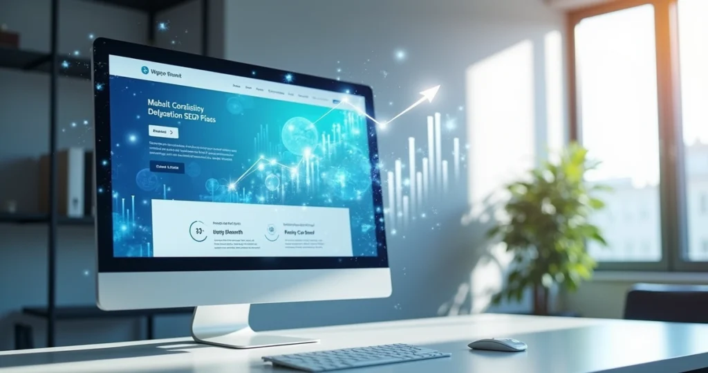 Tela de computador mostrando site institucional moderno com design responsivo e gráficos de performance