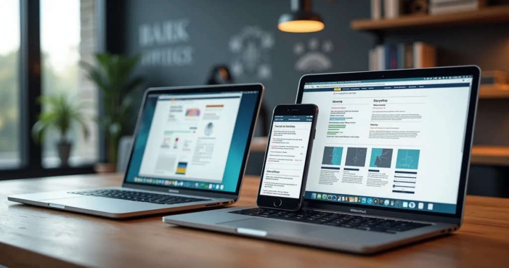 Computador, tablet e smartphone exibindo diferentes layouts de um site responsivo em tela clara
