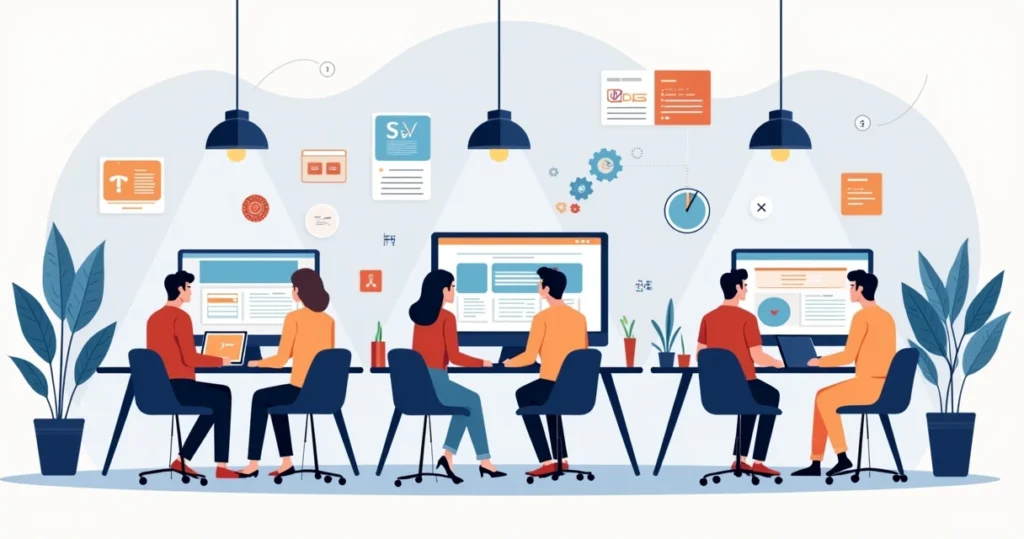 Ilustração corporativa de equipe trabalhando na criação de um site profissional com computadores, design moderno e gráficos de performance