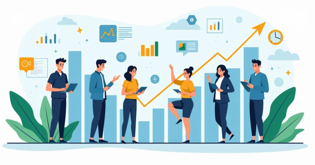 Ilustração plana corporativa da integração entre equipes de marketing e vendas com gráficos de crescimento