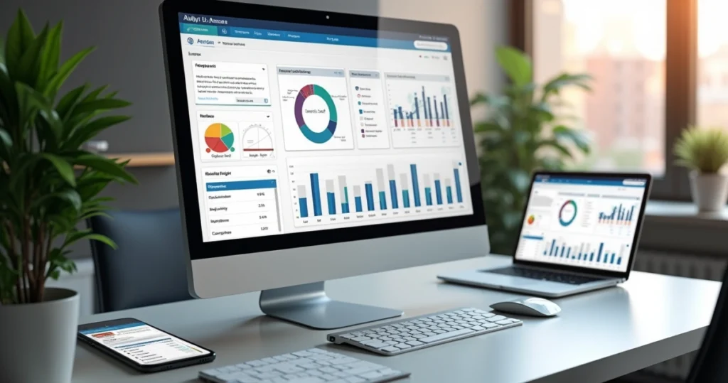 Tela de computador mostrando análise de UX em site institucional com gráficos e protótipos de design responsivo