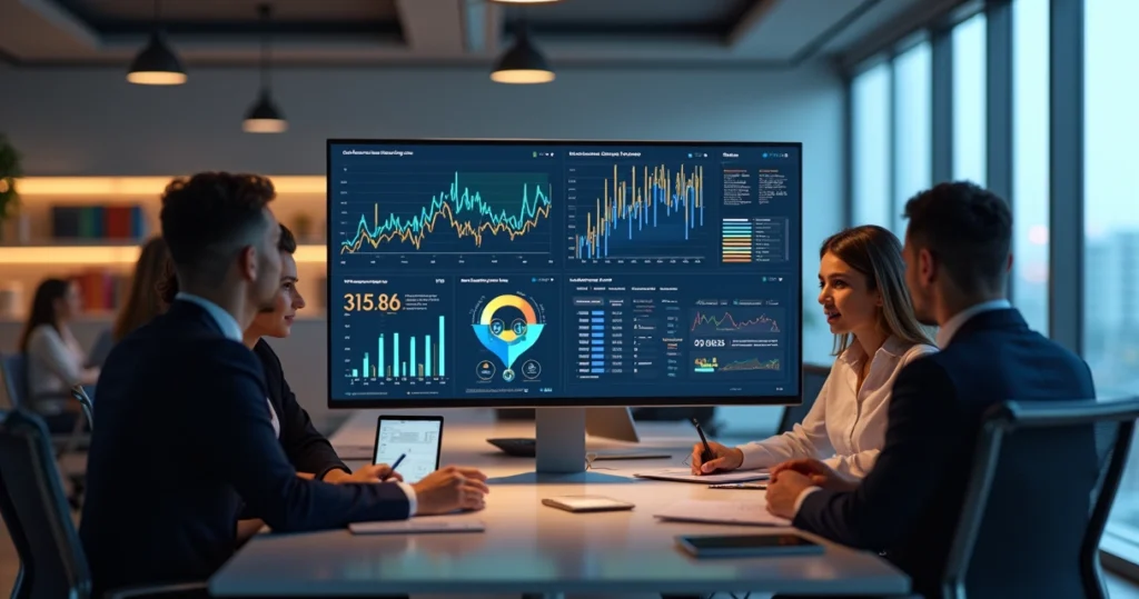 Equipe analisando dados de leads qualificados em tela de computador com gráficos e formulários digitais