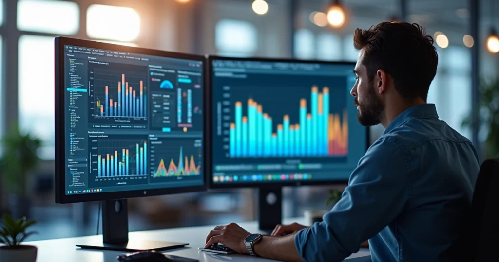 Profissional analisando gráficos e leads em tela dupla com interface de CRM ao fundo