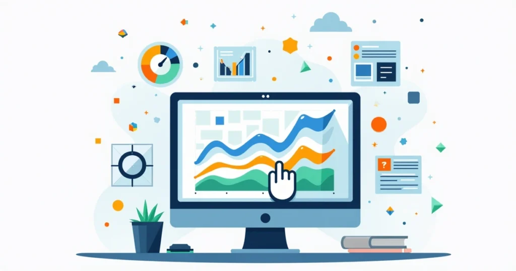 Ilustração corporativa plana com gráficos coloridos e ícones de análise de métricas web em tela de computador