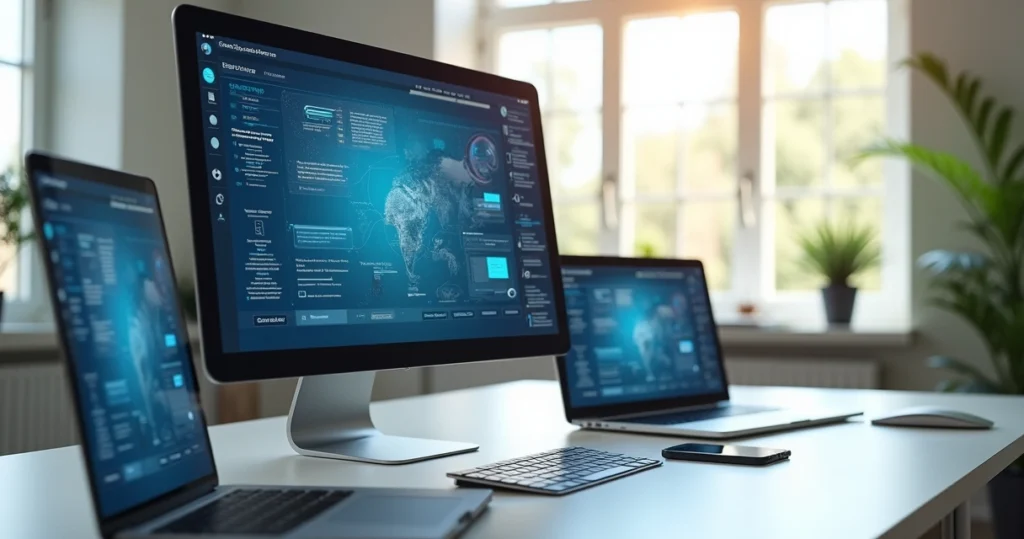 Interface digital moderna com telas de aplicativo mostrando botões, menus e elementos de UI organizados em fundo claro