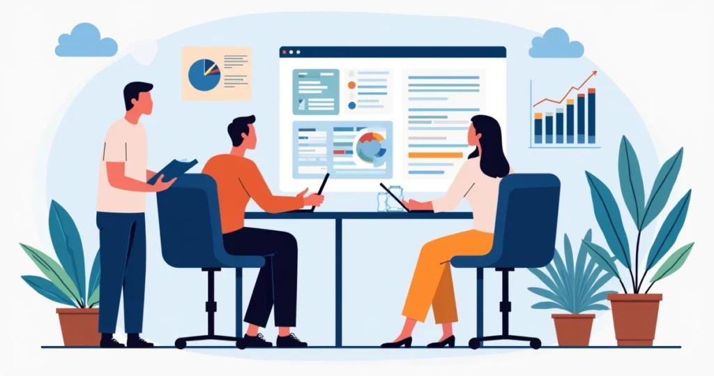 Ilustração corporativa plana de equipe trabalhando em criação de landing page para geração de leads, com elementos de design e gráficos de conversão