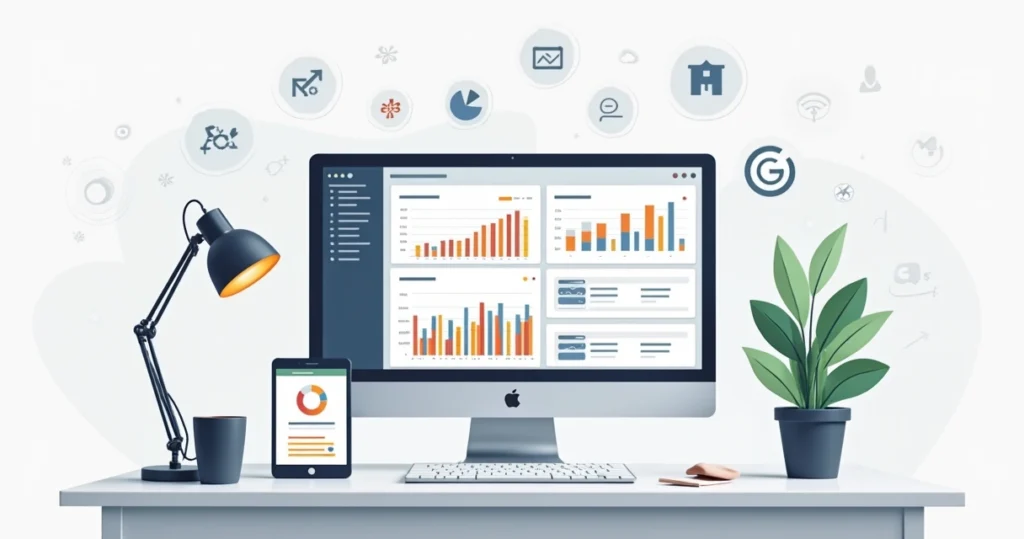 Ilustração corporativa plana de um computador exibindo gráficos de desempenho de site com Google Search Console