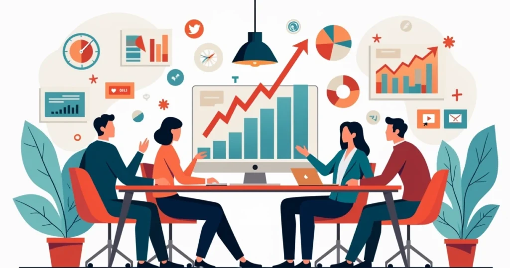 Ilustração plana corporativa mostrando profissionais em reunião com gráficos e ícones digitais ao redor