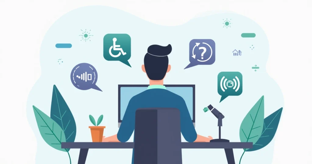 Ilustração corporativa em estilo flat mostrando pessoa usando computador com ícones de acessibilidade digital ao redor