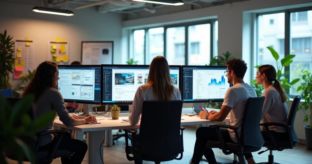 Equipe de designers e programadores trabalhando em computadores com telas exibindo layouts de sites modernos