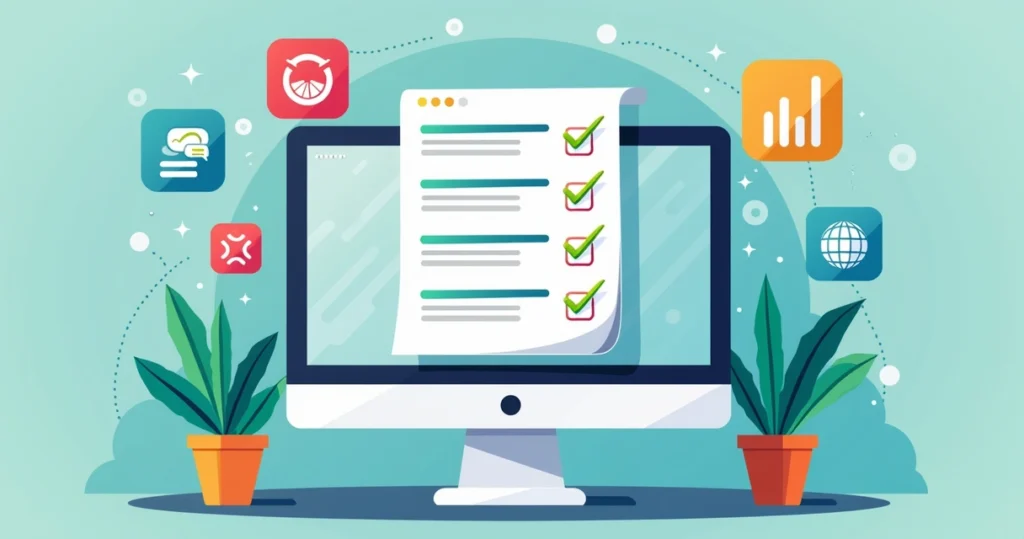 Ilustração corporativa flat de computador com tela mostrando checklist de SEO técnico colorida e ícones de análise, velocidade e desempenho ao redor