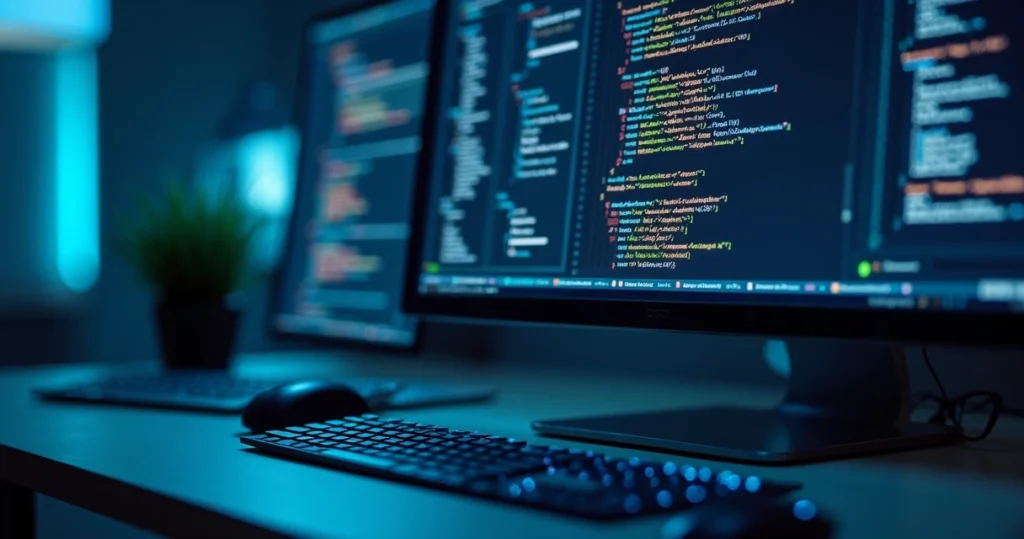 Tela de computador mostrando código JSON-LD de schema markup com gráficos de SEO e elementos digitais ao fundo