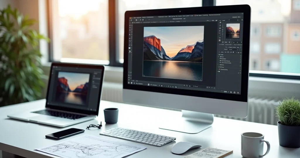 Computador moderno exibindo criação de site com design responsivo e interface limpa