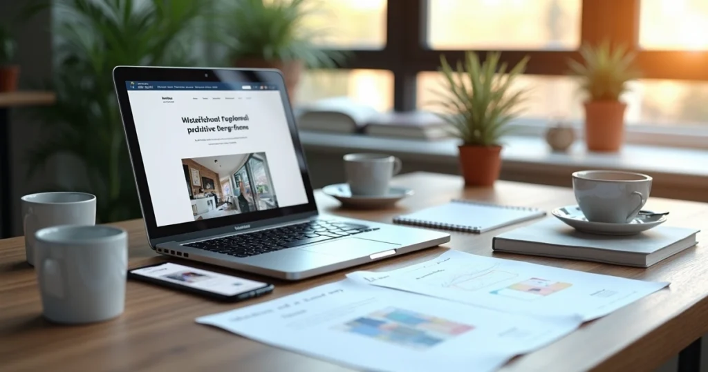 Mesa de trabalho com laptop mostrando página inicial de site profissional, smartphone ao lado e anotações de planejamento estratégico