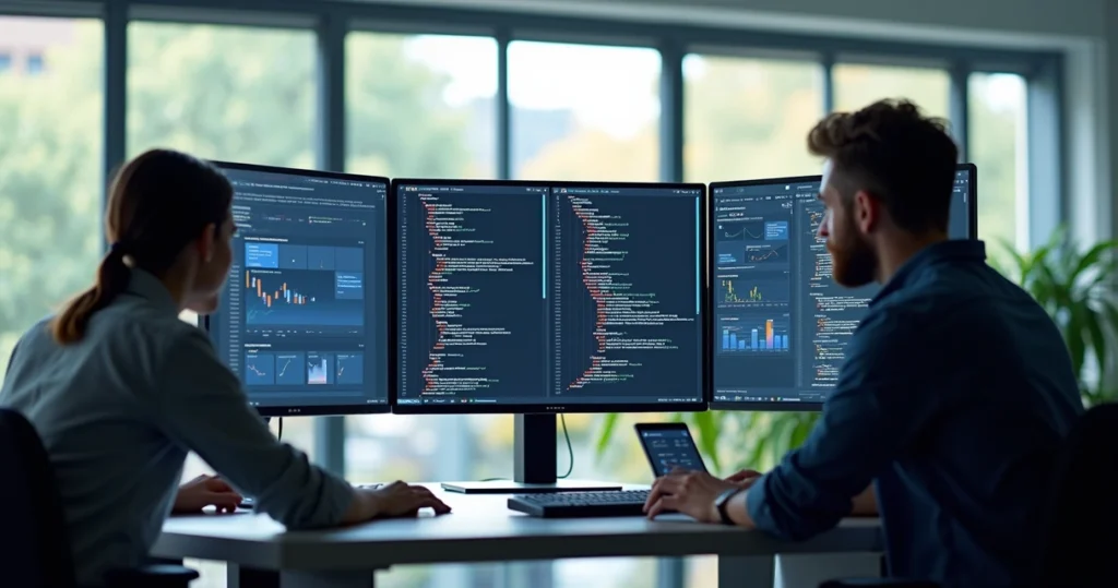 Equipe de desenvolvedores criando site profissional com computadores e telas exibindo códigos e design moderno