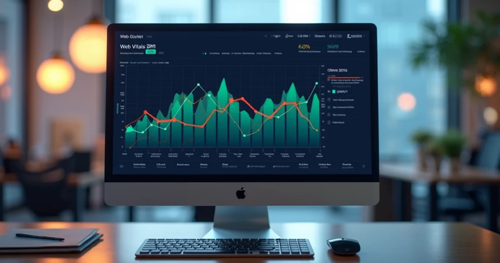 Dashboard digital exibindo métricas Web Vitals com gráficos coloridos e indicadores de performance em tela de computador