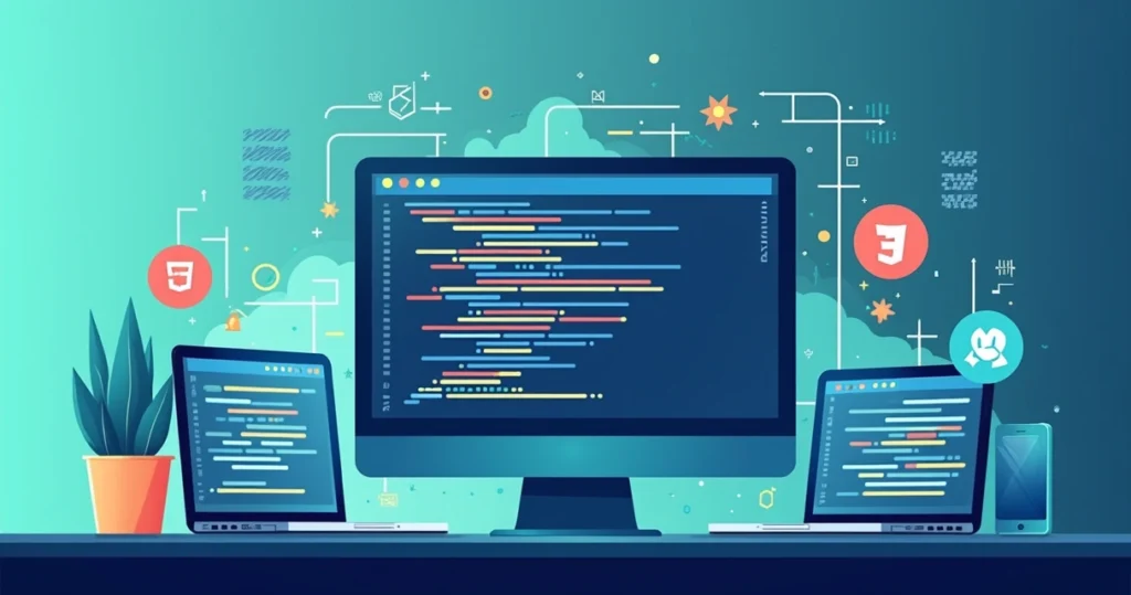 Ilustração corporativa mostrando elementos de desenvolvimento web com código JavaScript no centro, cercado por ícones de HTML, CSS, servidores e dispositivos digitais em tons modernos de azul e verde