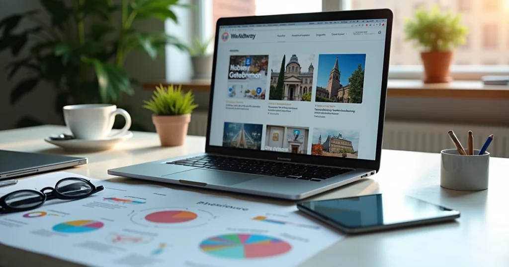 Mesa de trabalho com laptop mostrando website responsivo e anotações de design ao redor