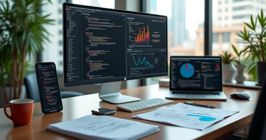 Mesa de trabalho com computador mostrando tela de desenvolvimento de site, notebook, smartphone e anotações de planejamento