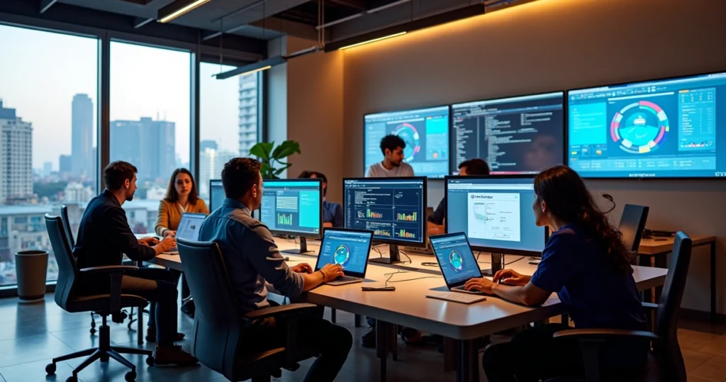 Equipe de profissionais reunida em escritório moderno com computadores e telas mostrando design de sites e gráficos de SEO