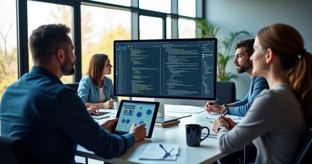 Equipe trabalhando no desenvolvimento de site em um escritório moderno com computadores e telas mostrando design e código