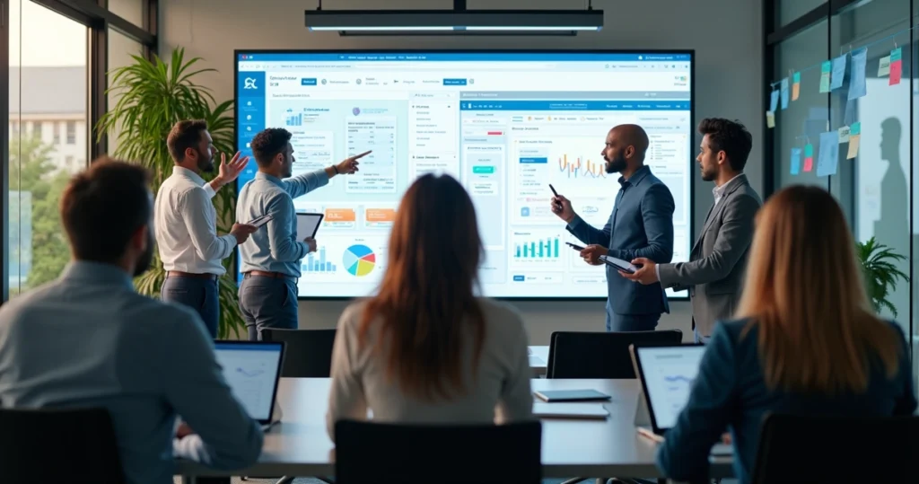Equipe de profissionais reunida em escritório moderno trabalhando em criação de site institucional com computadores e designs digitais na tela