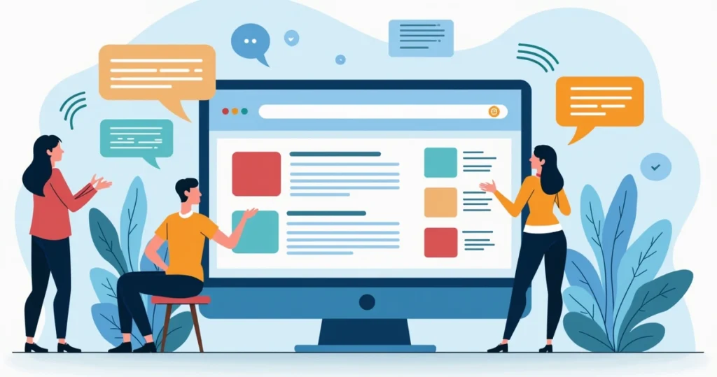 Ilustração plana corporativa mostrando vários erros comuns de UX em sites institucionais, com elementos como navegação confusa, botões escondidos, textos ilegíveis, e usuários frustrados tentando usar o site, em um ambiente digital colorido e organizado para destacar cada problema