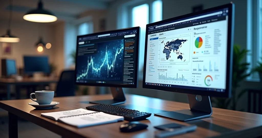 Mesa de escritório com dois computadores exibindo gráficos de desempenho e design de sites modernos