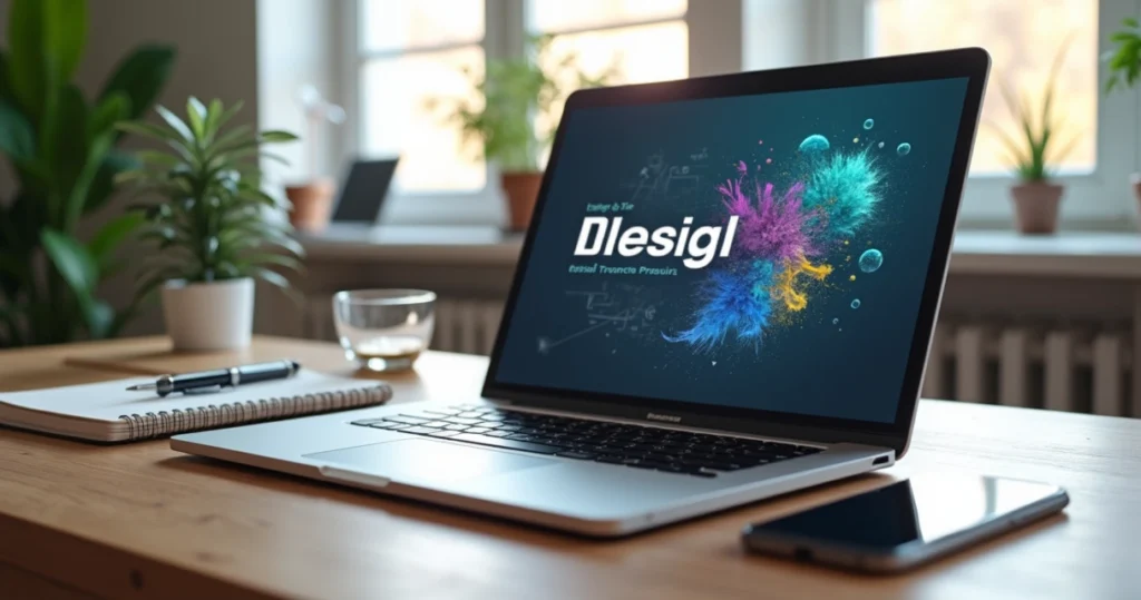 Mesa de trabalho moderna com notebook exibindo design de site, caderno, caneta e copo de café