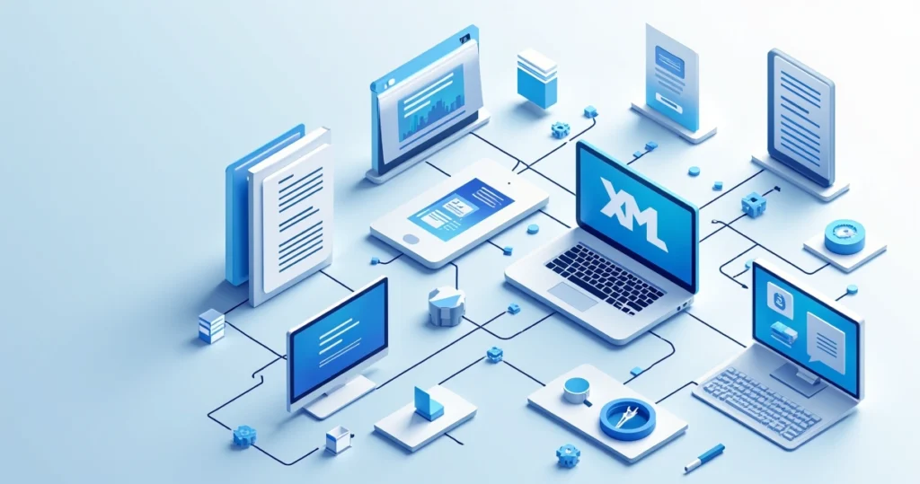 Ilustração corporativa flat mostrando estrutura de sitemap XML com ícones de páginas conectadas a um arquivo central, computadores e elementos digitais ao fundo