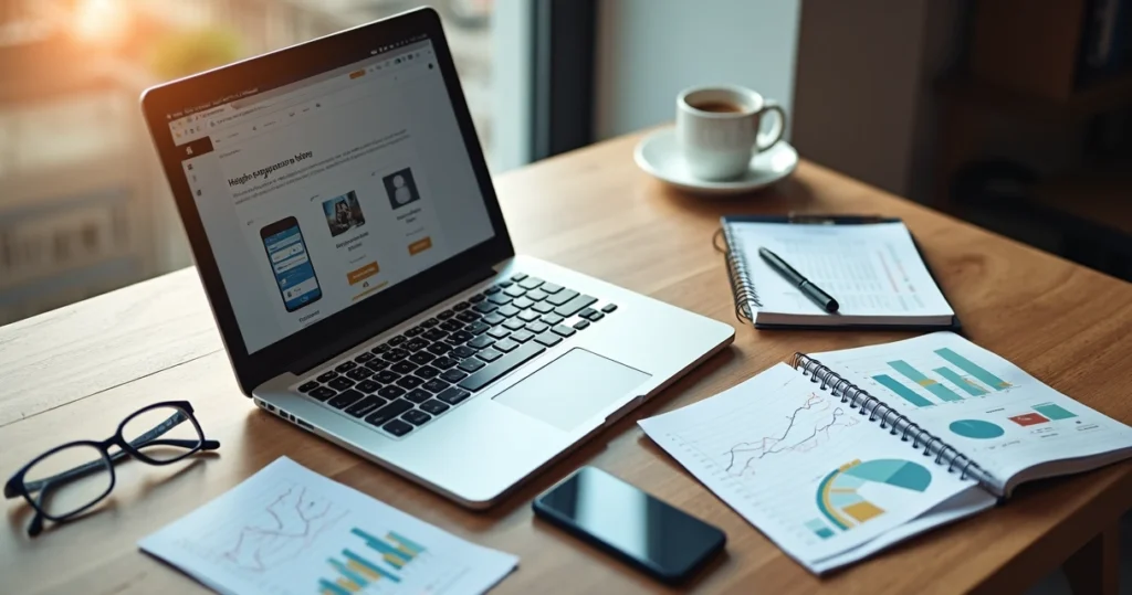 Mesa de trabalho com notebook, smartphone, cadernos e gráficos para planejamento de e-commerce