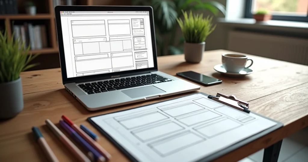 Mesa com notebook aberto mostrando wireframe de site, ao lado prancheta com esboço, canetas e celular