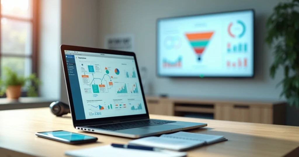 Painel de automação de marketing digital com gráficos e fluxo de e-mails em tela de notebook