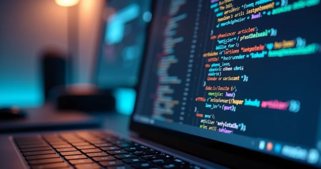 Tela de computador exibindo código HTML5 com tags semânticas coloridas em editor de texto