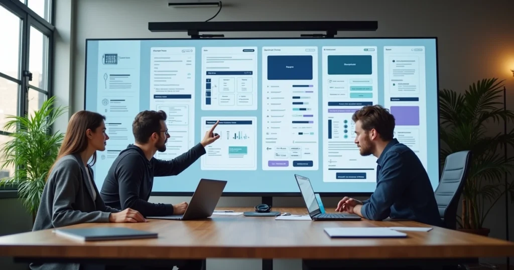 Equipe de design colaborando em frente a telas com componentes de interface organizados