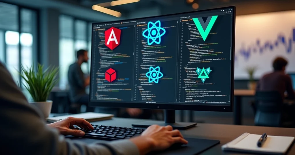 Comparação visual entre Angular React e Vue em ambiente corporativo de desenvolvimento web