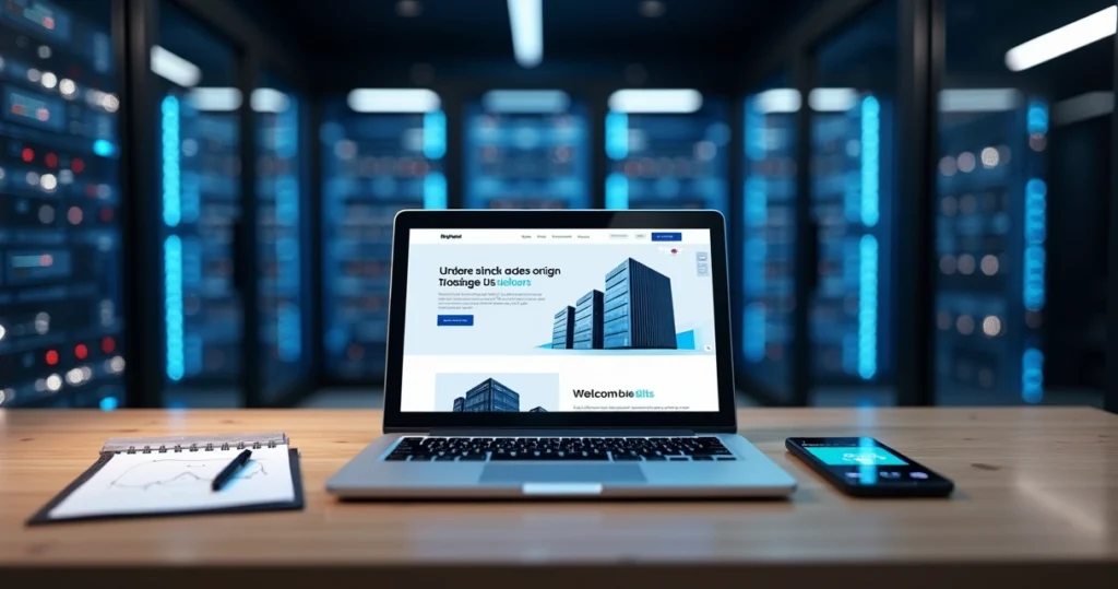 Visão de um site institucional aberto em notebook à frente de servidores de hospedagem