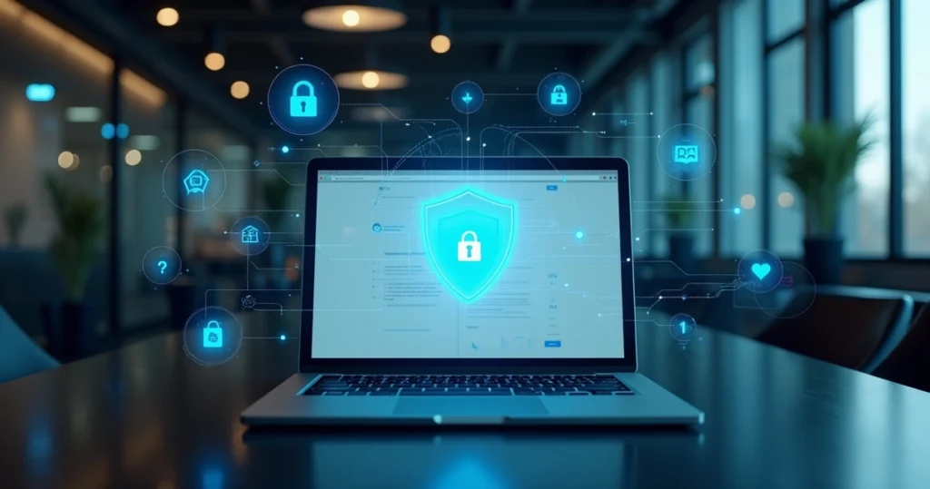 Proteção de dados em site empresarial com ícones de segurança digitais