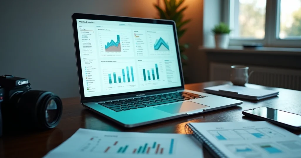 Tela de notebook com painel de SEO de imagens e miniaturas otimizadas