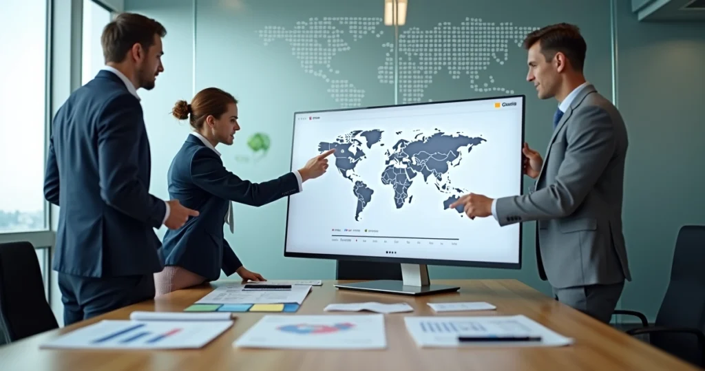 Equipe analisando site corporativo multilíngue em tela grande com mapas e bandeiras