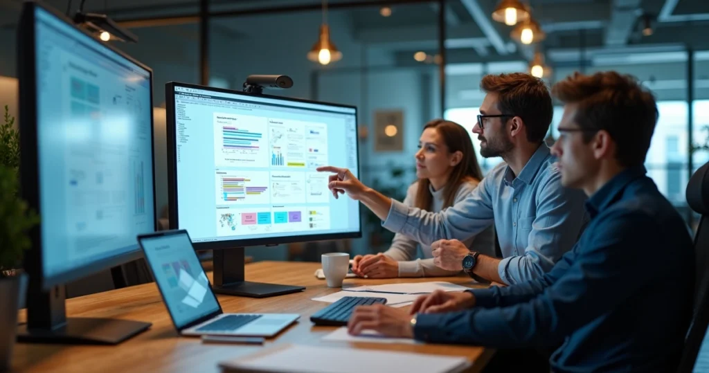 Equipe de agência digital criando site profissional em vários monitores