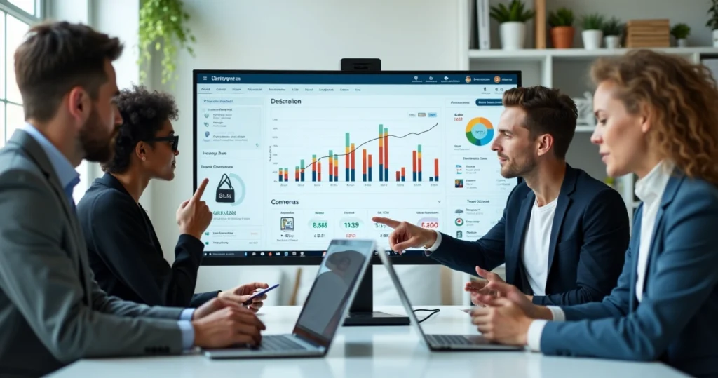 Equipe de agência de ecommerce profissional analisando painel de vendas em loja virtual