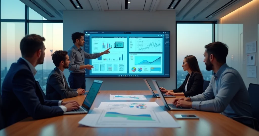 Equipe digital analisando site com gráficos de SEO em tela gigante