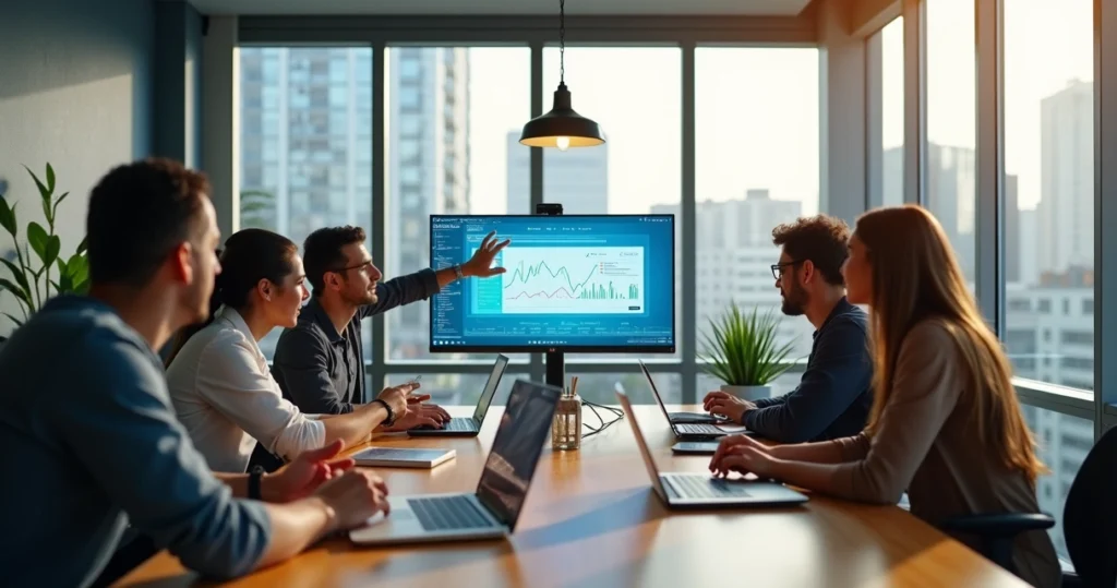 Equipe de designers brasileiros criando site responsivo em escritório moderno